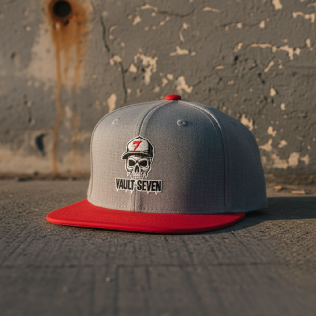 Heather gray and red Vault-Seven Street Issue Flatbill on a gritty concrete background