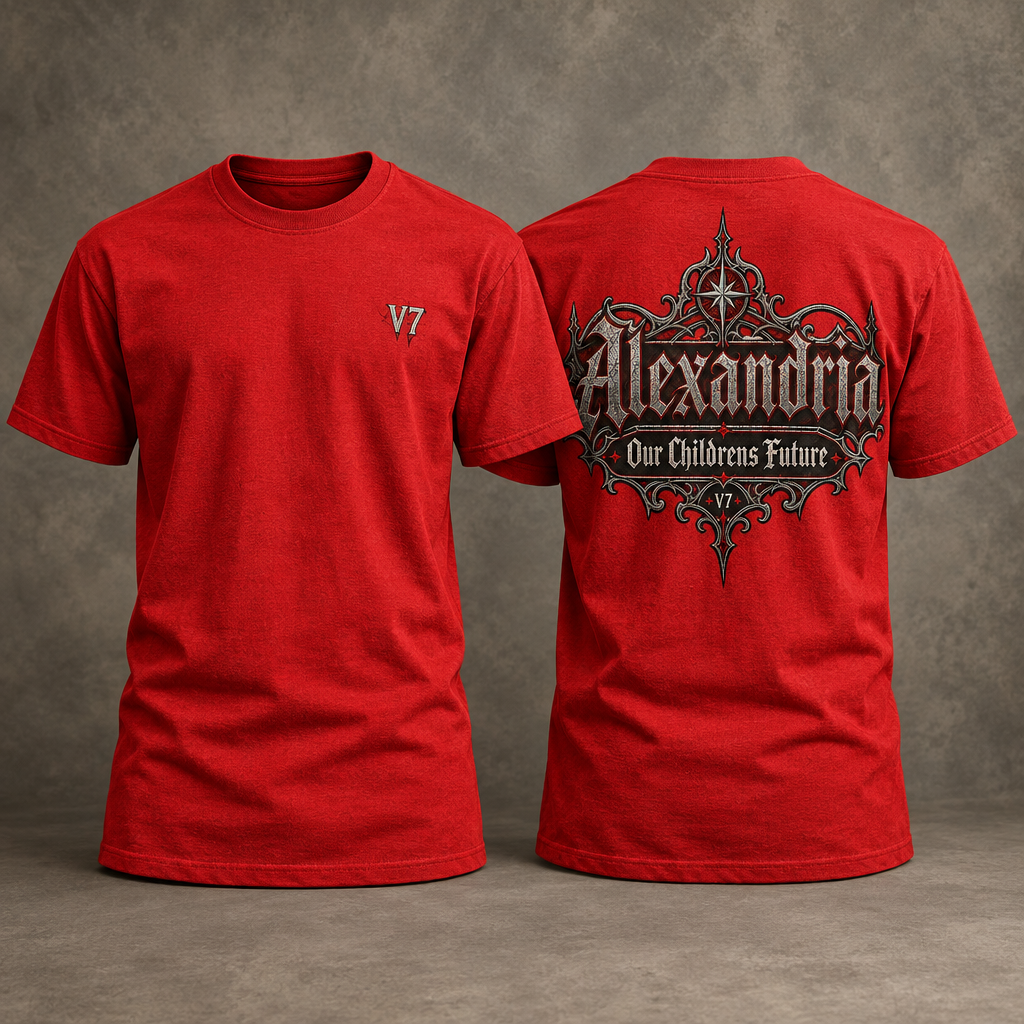 Realistic red V7 Alexandria T-shirt front and back on a warm gray studio background