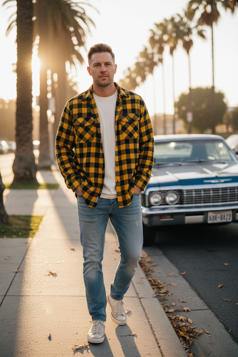 Man wearing a yellow plaid long sleeve flannel shirt on a West Coast fall sidewalk beside a classic car