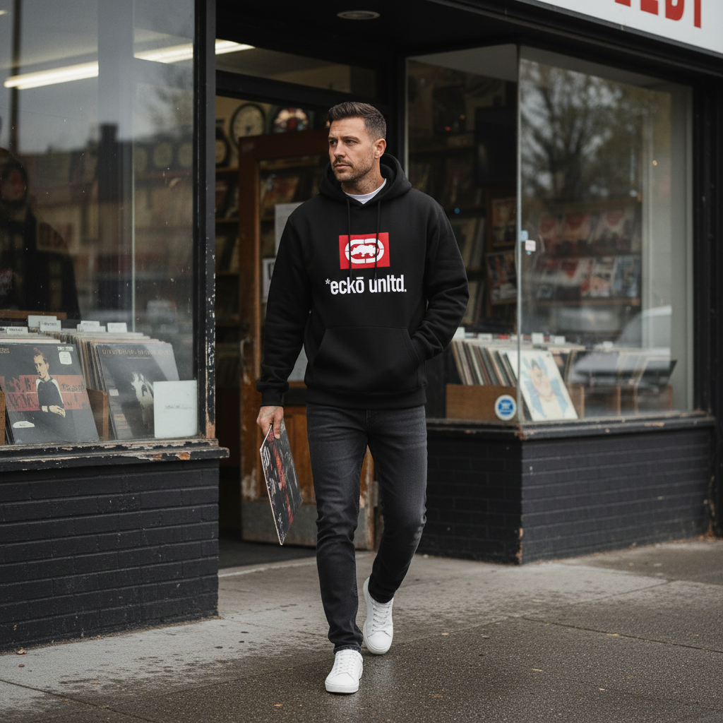 White male model wearing the black Men's Unltd. Graphic Hoodie