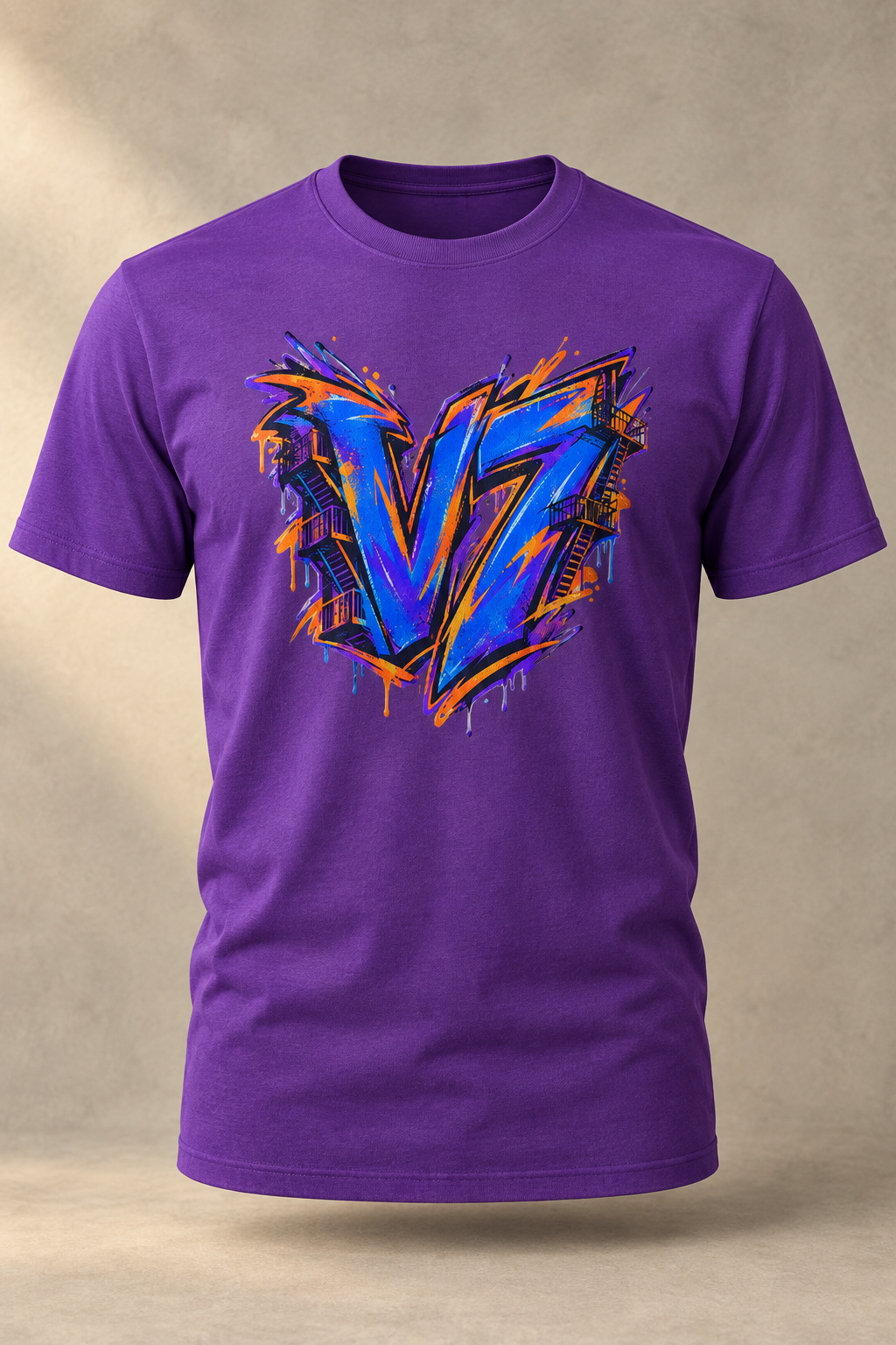 Purple men's V7 City Static T-shirt with the blue, purple, and orange graffiti artwork on a warm studio background