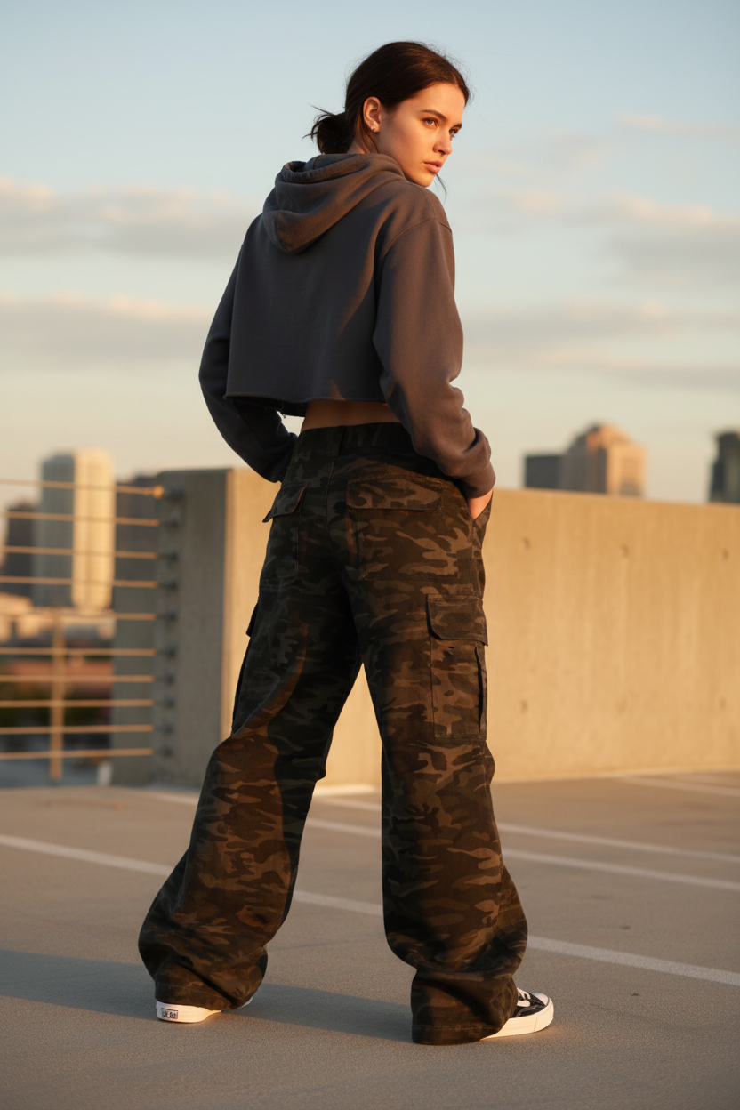 Rear three-quarter view of V7 camo wide-leg cargo pants with black and white skater shoes