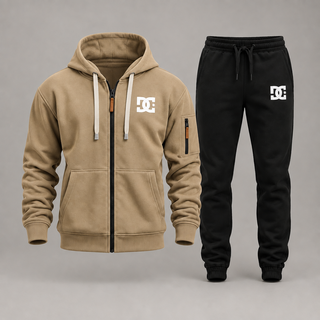 Sand tan DC zip hoodie with black joggers on a gray studio background