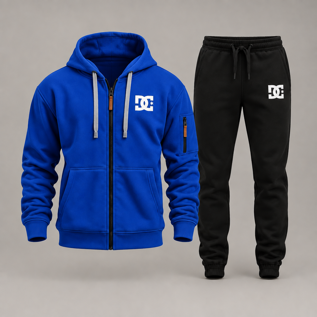 Cobalt blue DC zip hoodie with black joggers on a gray studio background