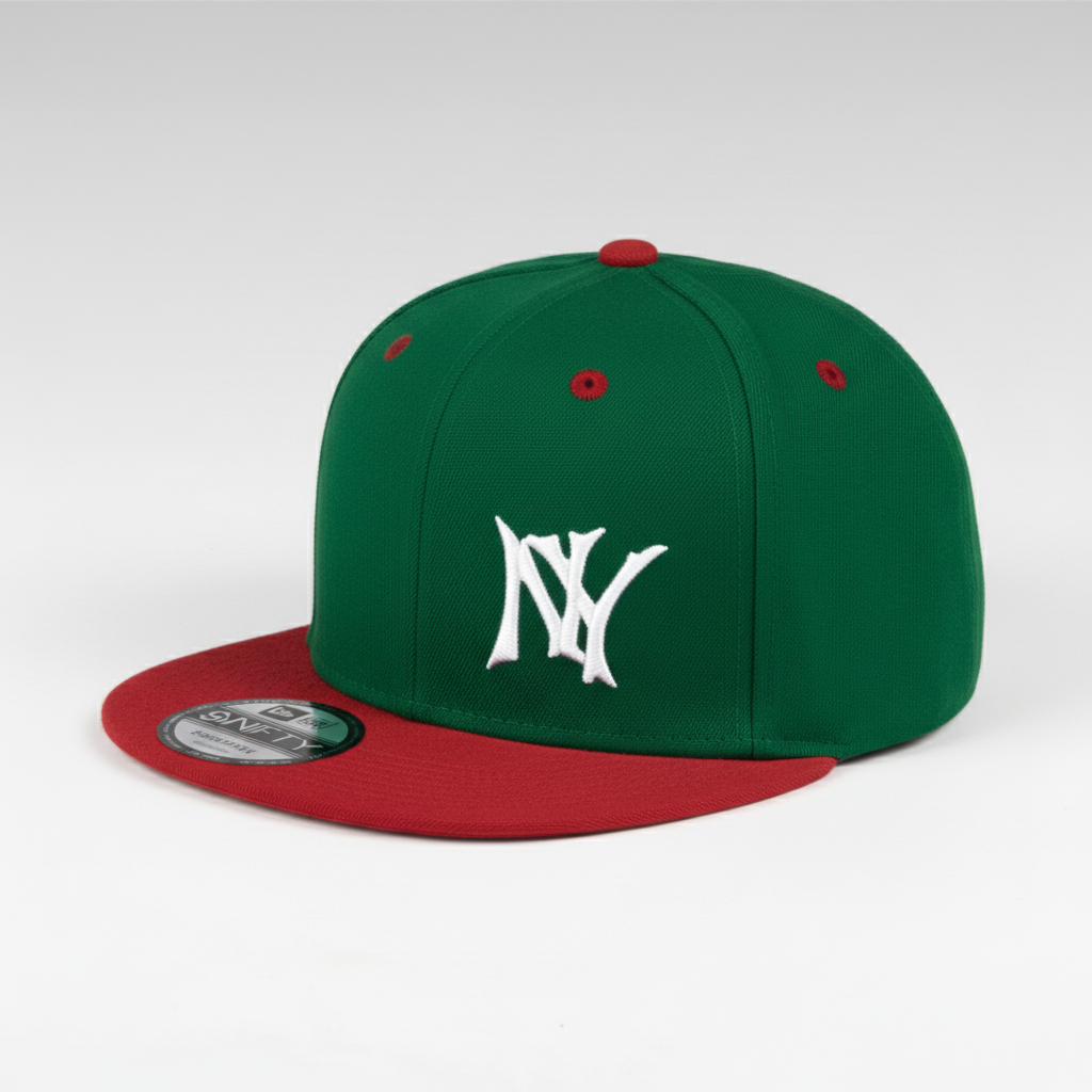 Red and green NY flat-brim snapback cap on a clean light studio background