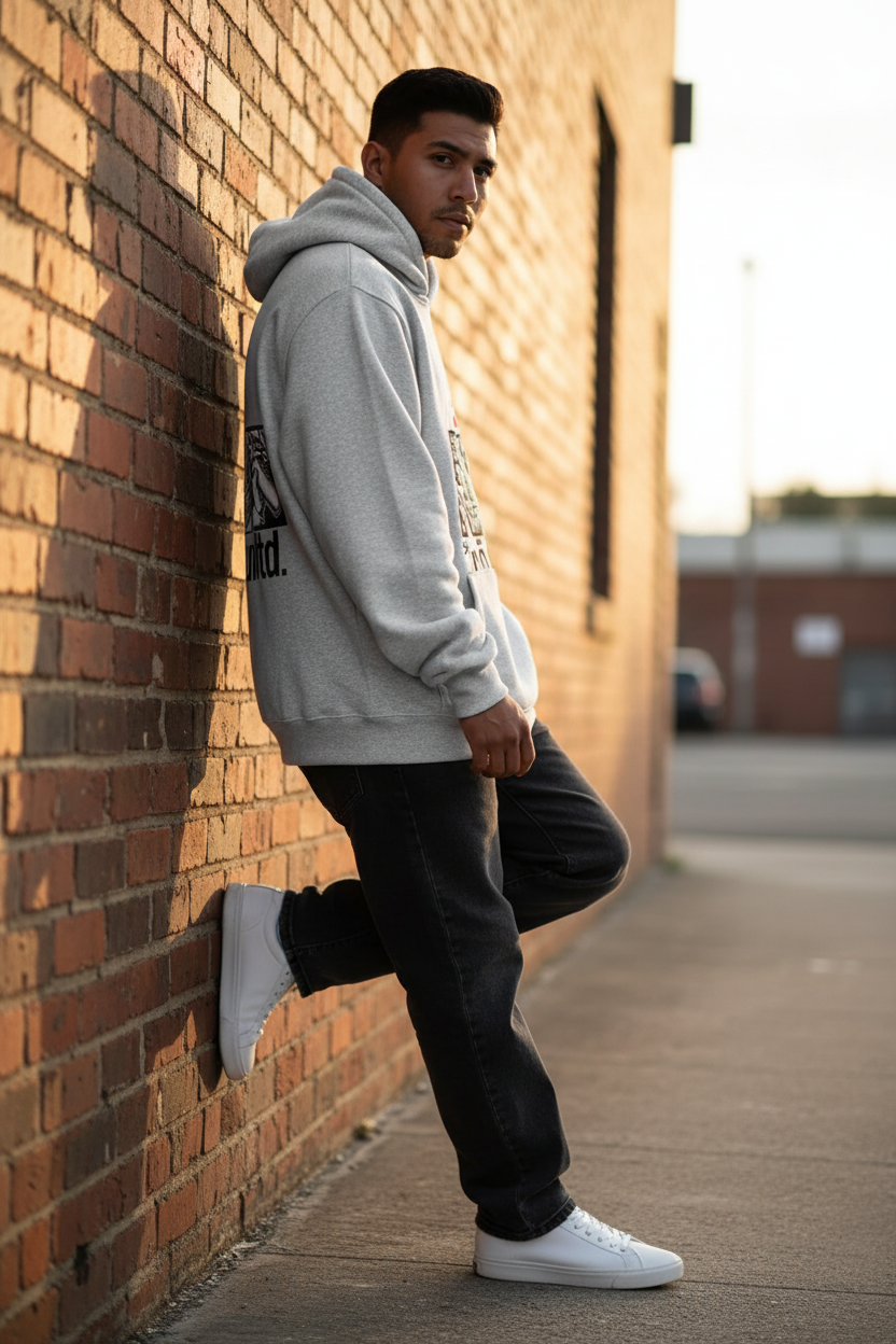 Mexican male model wearing the Men's Unltd. Graffiti Hoodie by a wall