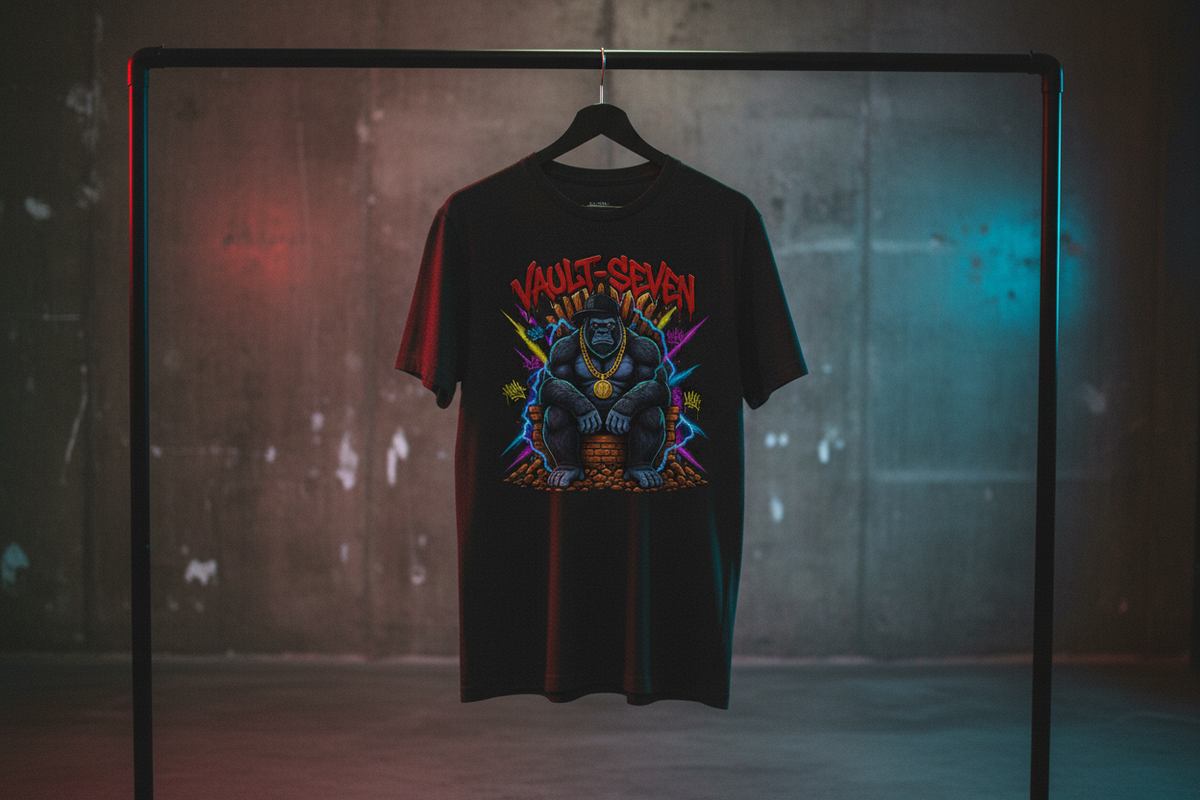 Black Heather Vault-Seven Gorilla Graphic Tee hanging on a black clothes hanger against a dark industrial background