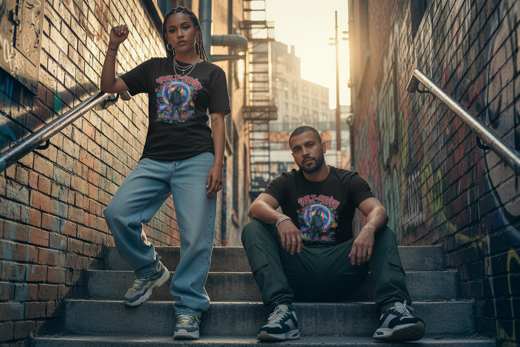 Two models wearing the Vault-Seven Hooded Reaper graphic tee in an industrial streetwear campaign photo