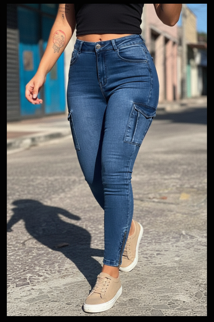 Cropped street-style view of high-stretch skinny cargo jeans worn with sneakers