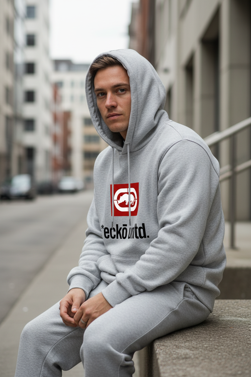 White male model wearing the gray men's rhino graphic hoodie