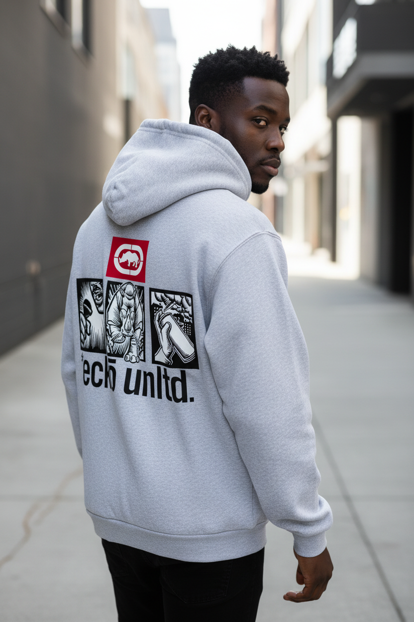 Black male model walking in the Men's Unltd. Graffiti Hoodie