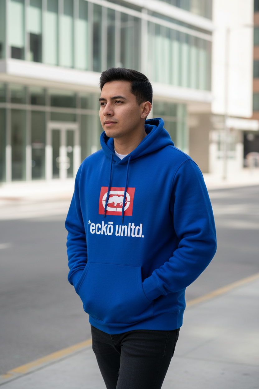 Mexican male model wearing the blue men's rhino graphic hoodie