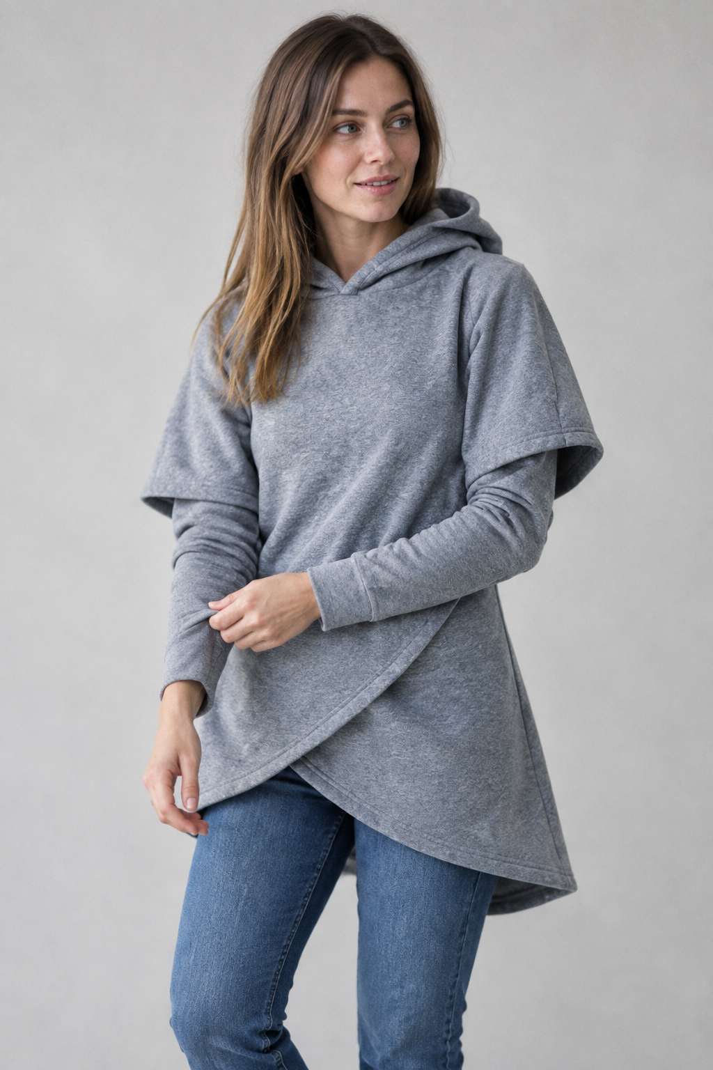 Blue asymmetric hoodie with crossover wrap front, front view
