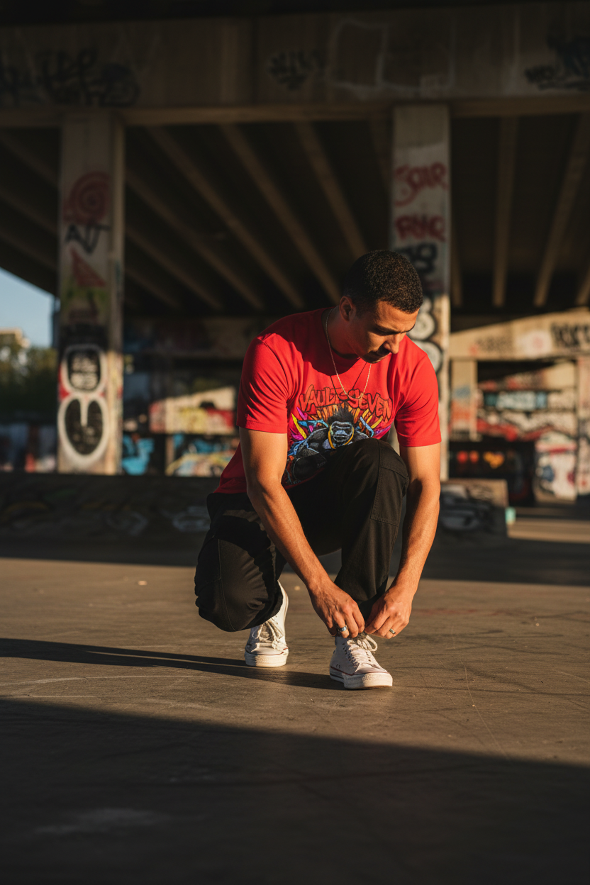Man wearing the Red Vault-Seven Gorilla Graphic Tee at a graffiti-covered urban skate spot
