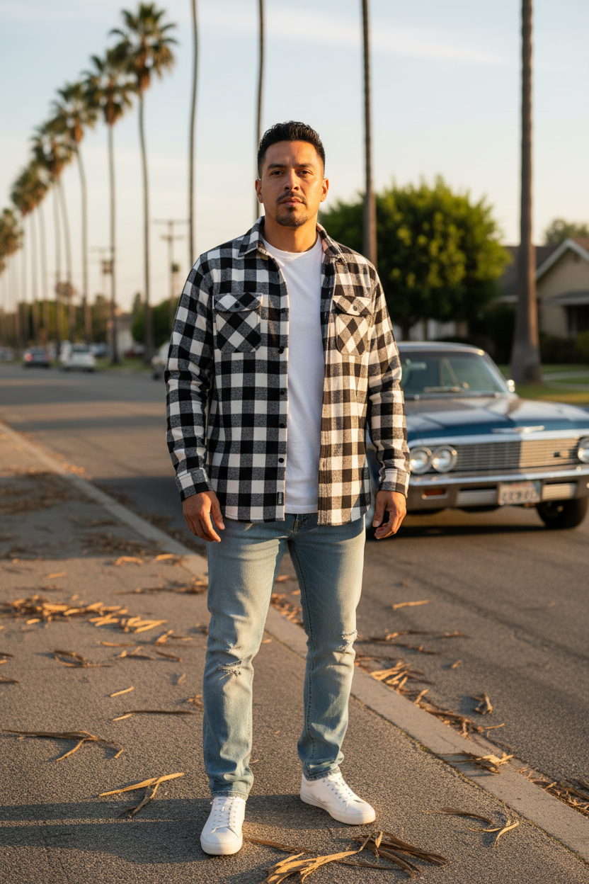 Man wearing a black and white plaid long sleeve flannel shirt on a West Coast fall street beside a classic lowrider