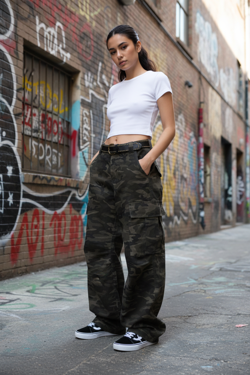 Woman wearing V7 camo wide-leg cargo pants with black low-top skate shoes downtown