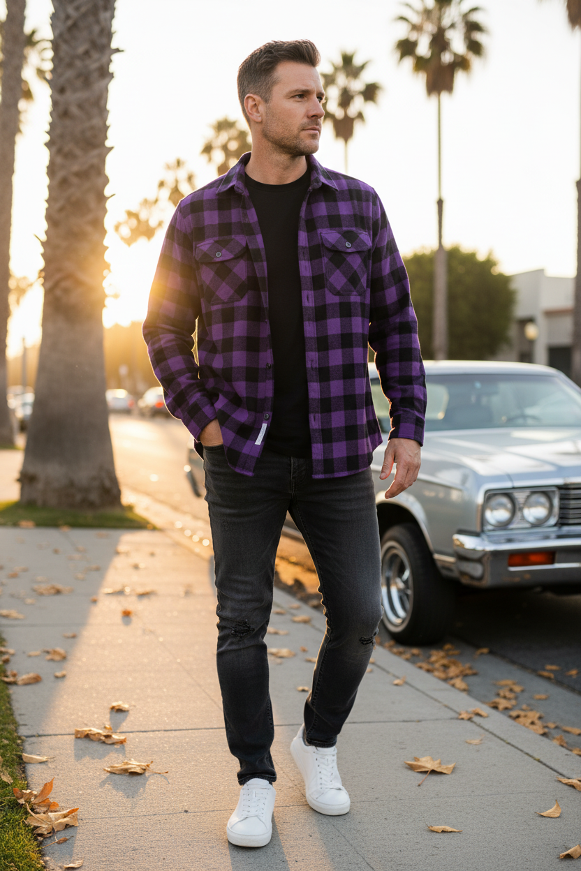 Man wearing a purple plaid long sleeve flannel shirt on a West Coast fall sidewalk beside a classic car