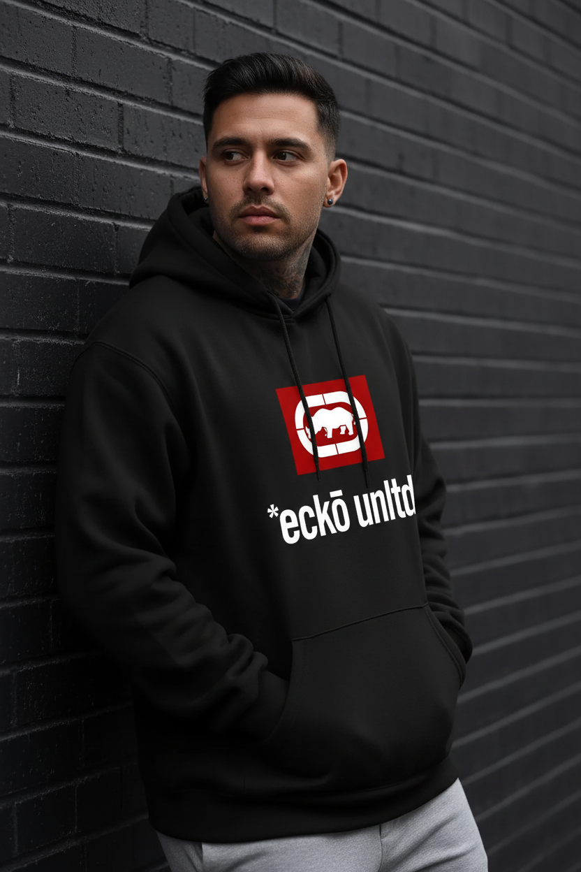 Mexican male model wearing the black men's rhino graphic hoodie