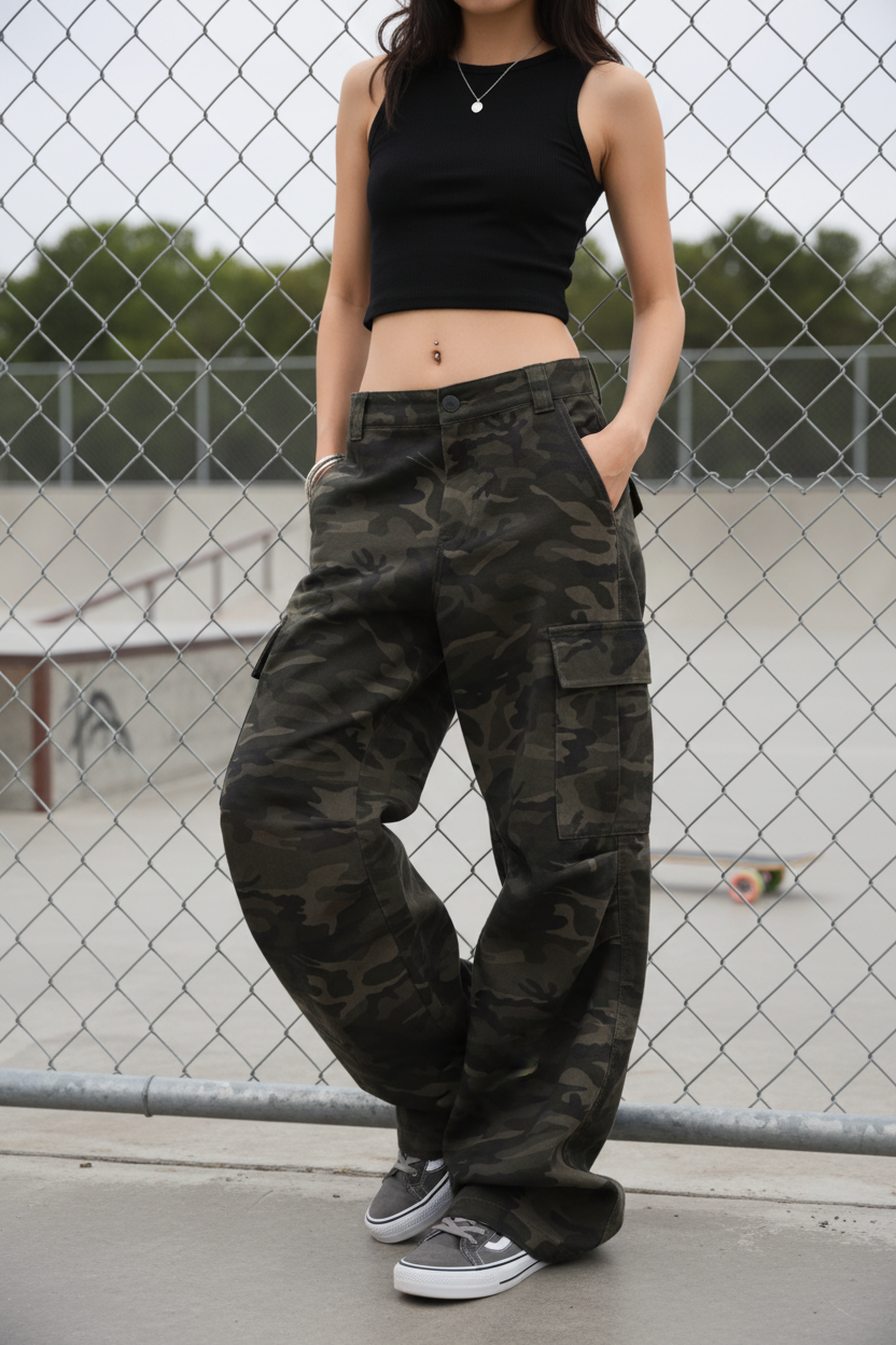 Woman wearing V7 camo wide-leg cargo pants with low-top skate sneakers by a chain-link fence