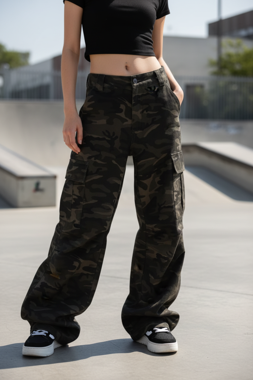 Woman wearing V7 camo wide-leg cargo pants with low-top skater shoes at a skatepark