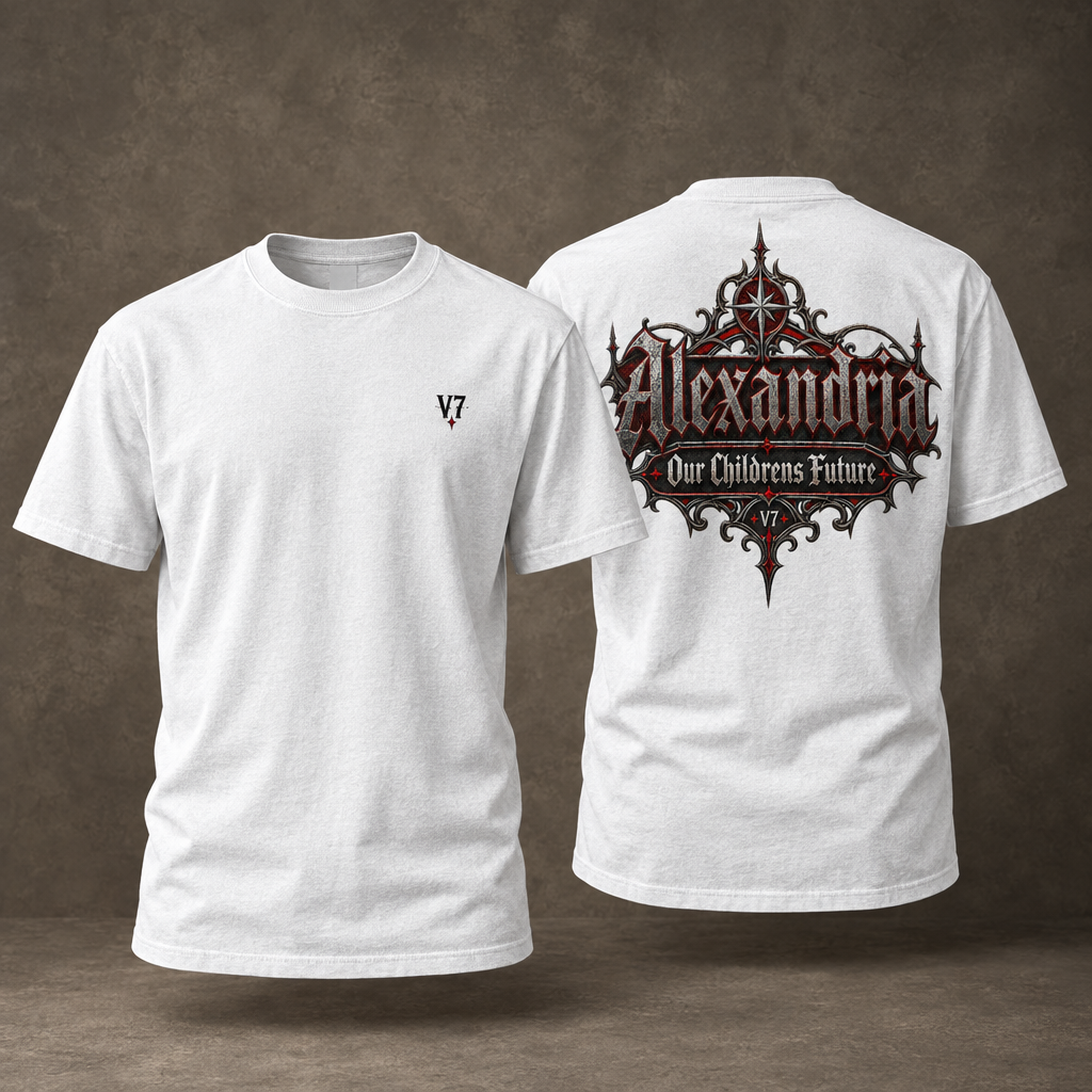 Realistic white V7 Alexandria T-shirt front and back on a warm gray studio background
