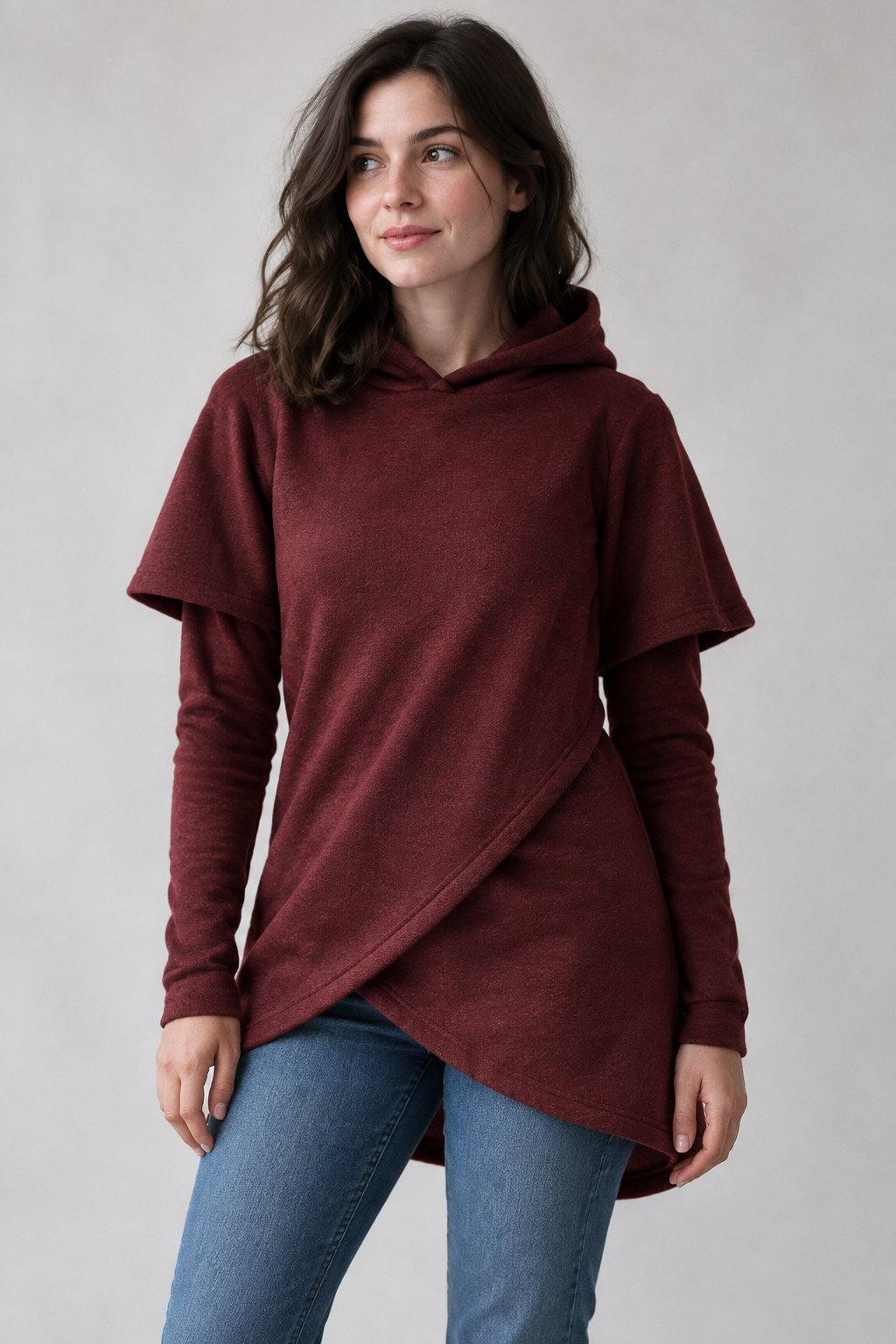 Wine red asymmetric hoodie with crossover wrap front, front view