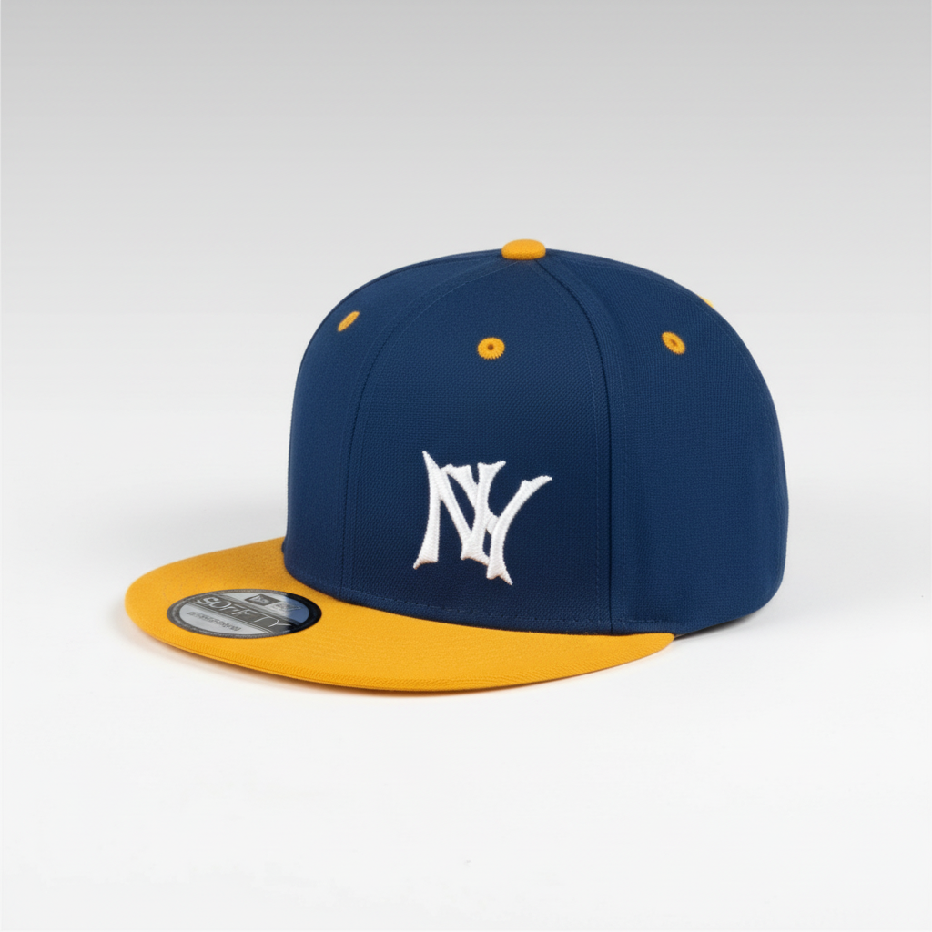 Yellow and dark blue NY flat-brim snapback cap on a clean light studio background