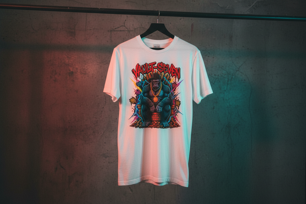 White Vault-Seven Gorilla Graphic Tee hanging on a black clothes hanger against a dark industrial background