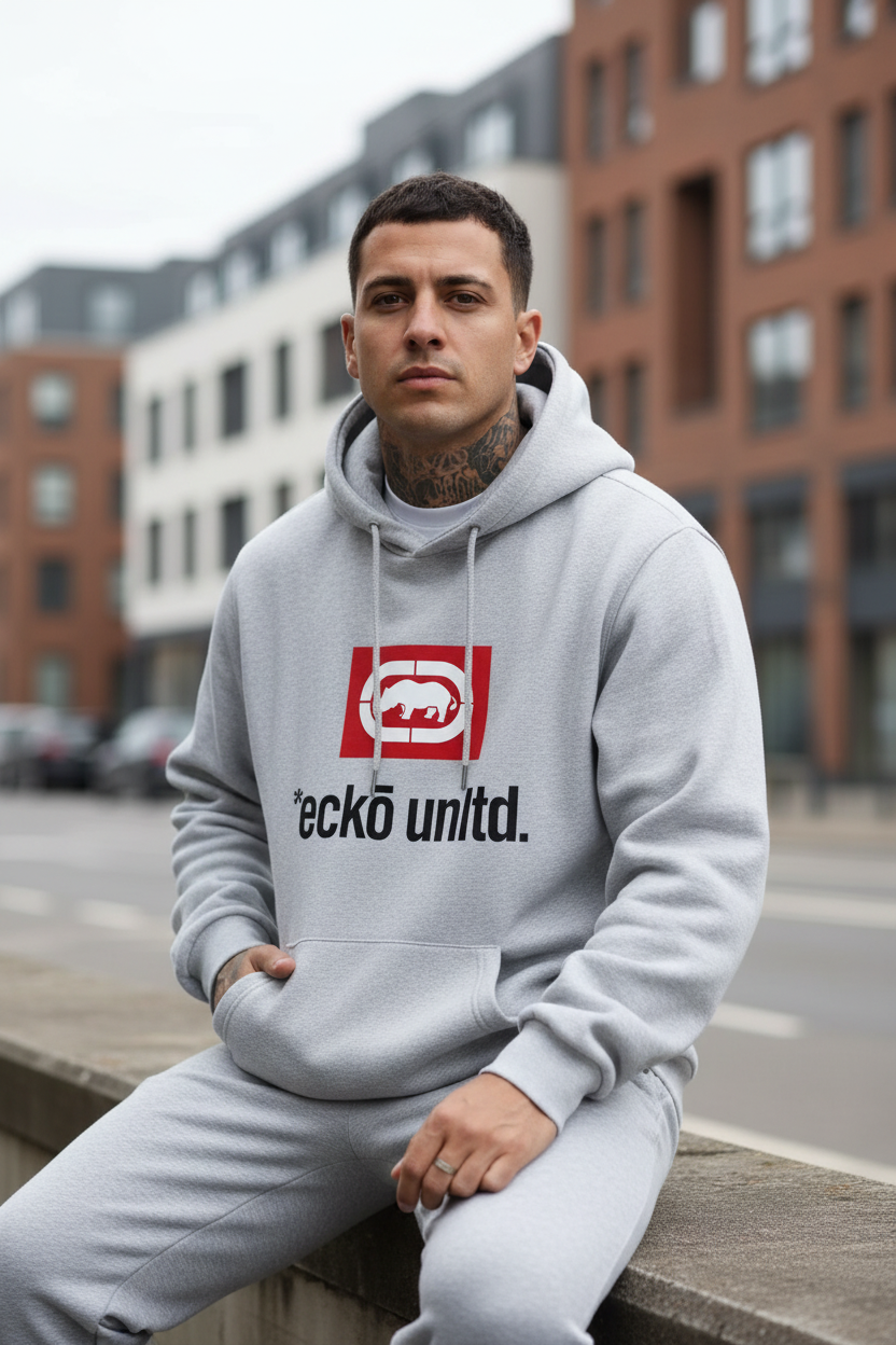 Male model wearing the gray Men's Unltd. Graphic Hoodie