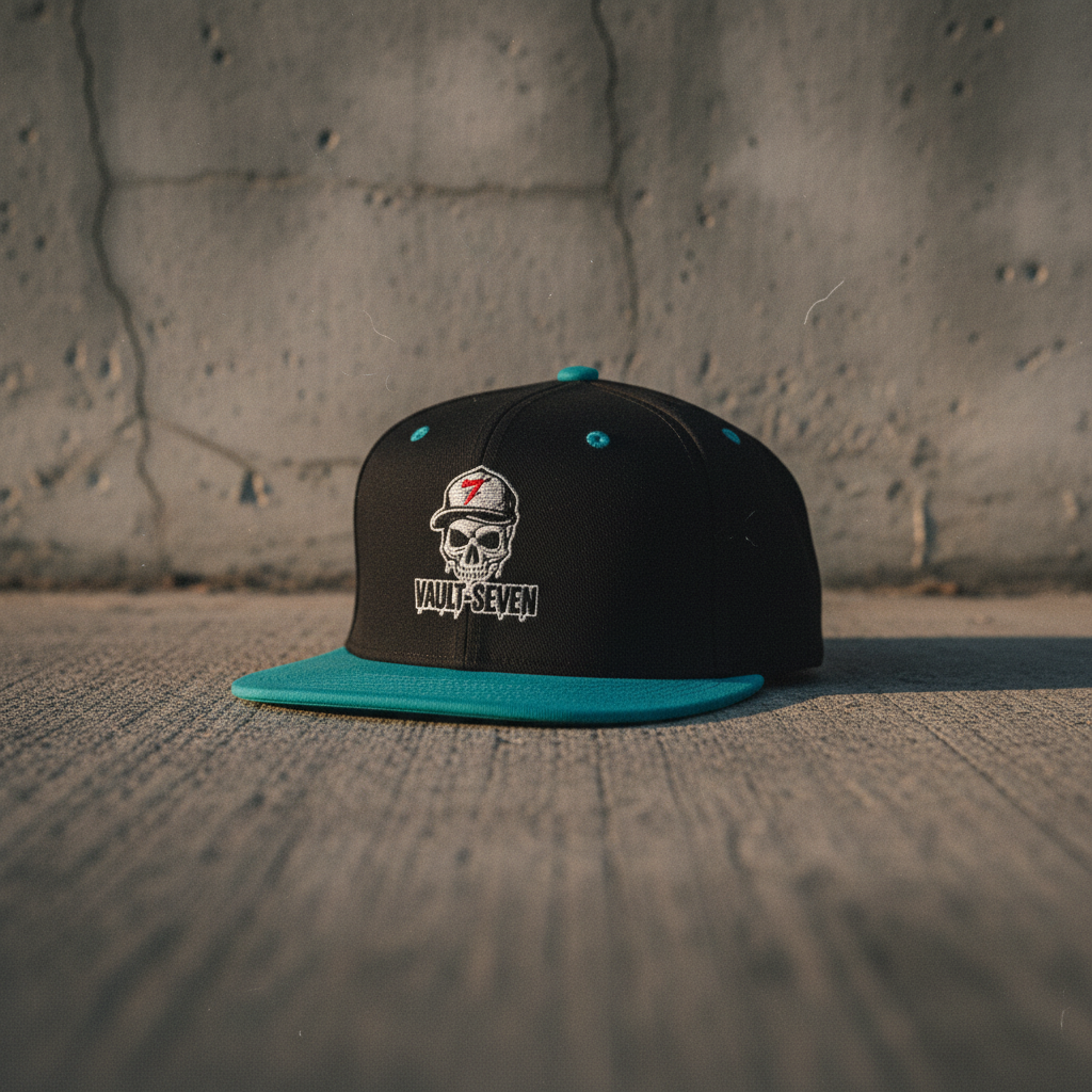 Vault-Seven black and teal flatbill snapback on a gritty West Coast streetwear background