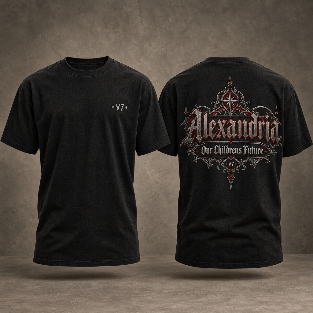 Realistic black V7 Alexandria T-shirt front and back on a warm gray studio background