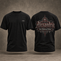 Realistic black V7 Alexandria T-shirt front and back on a warm gray studio background
