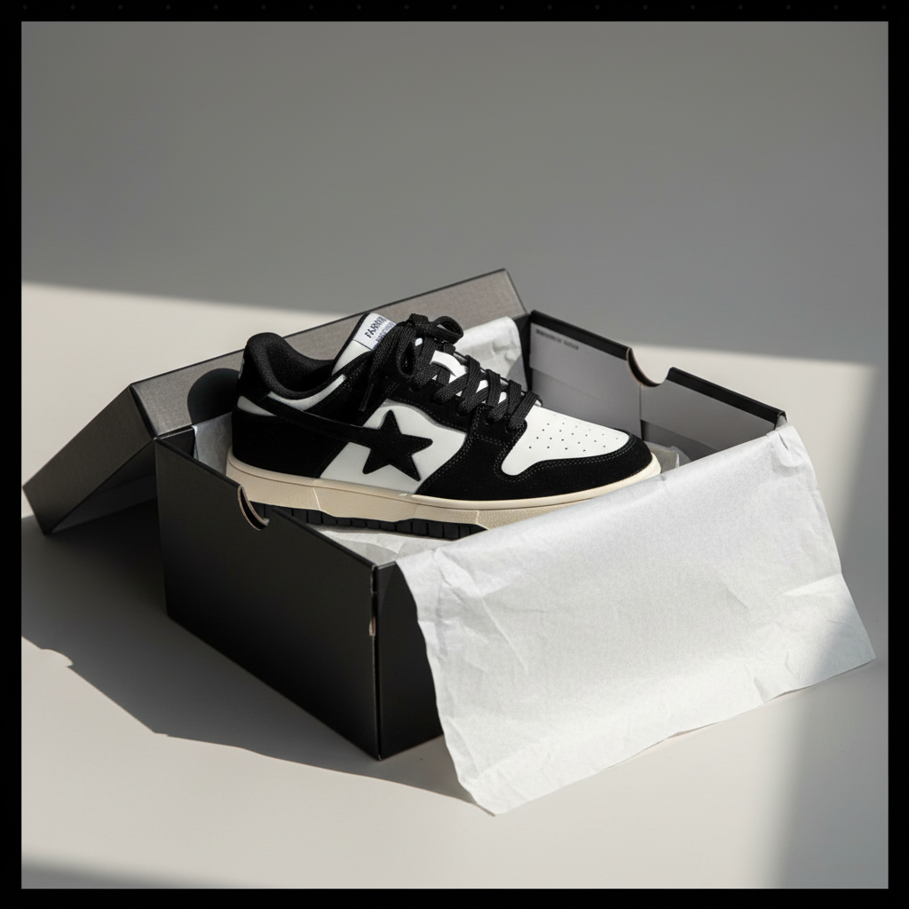 Black and white Streetline sneaker inside an open shoe box