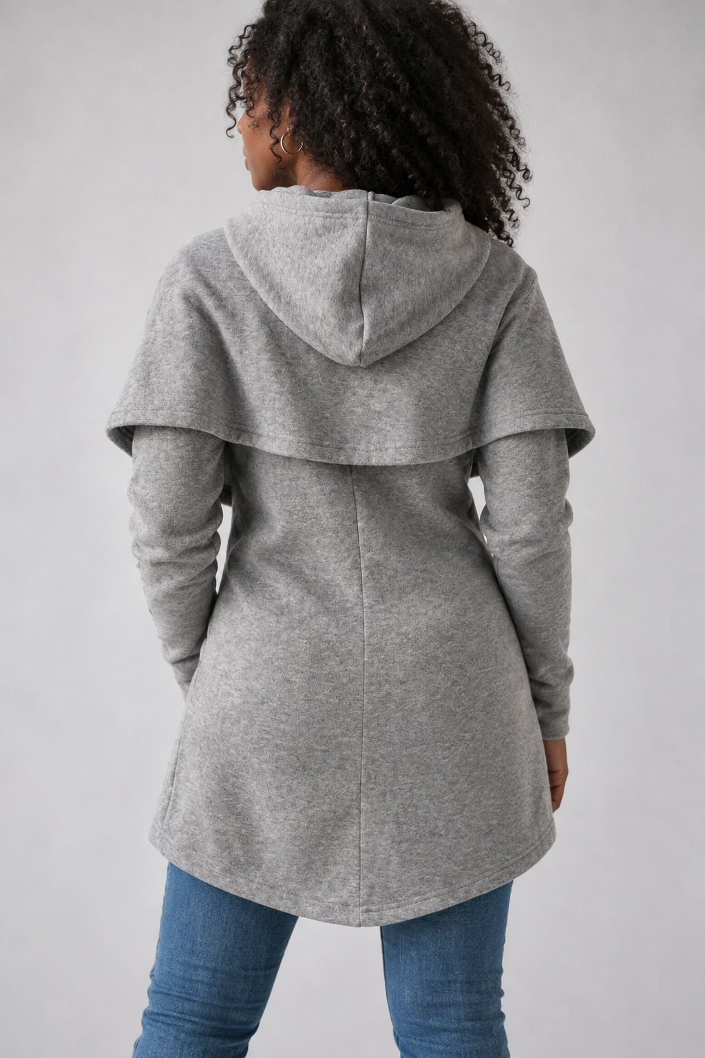 Heather grey asymmetric hoodie back view showing hood and curved hem