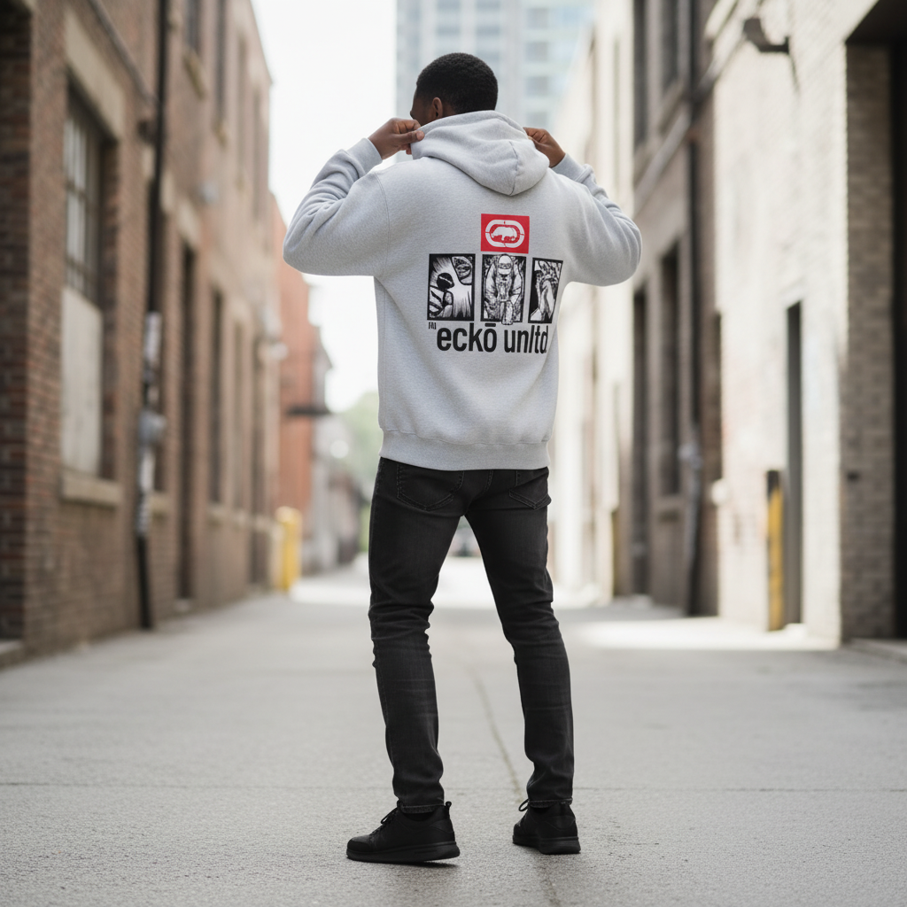 Male model adjusting the hood of the light gray Men's Unltd. Graffiti Hoodie