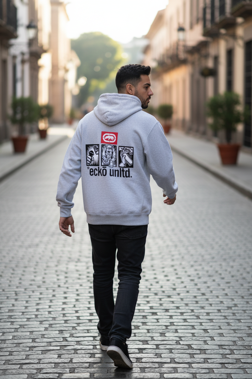 Mexican male model walking in the Men's Unltd. Graffiti Hoodie