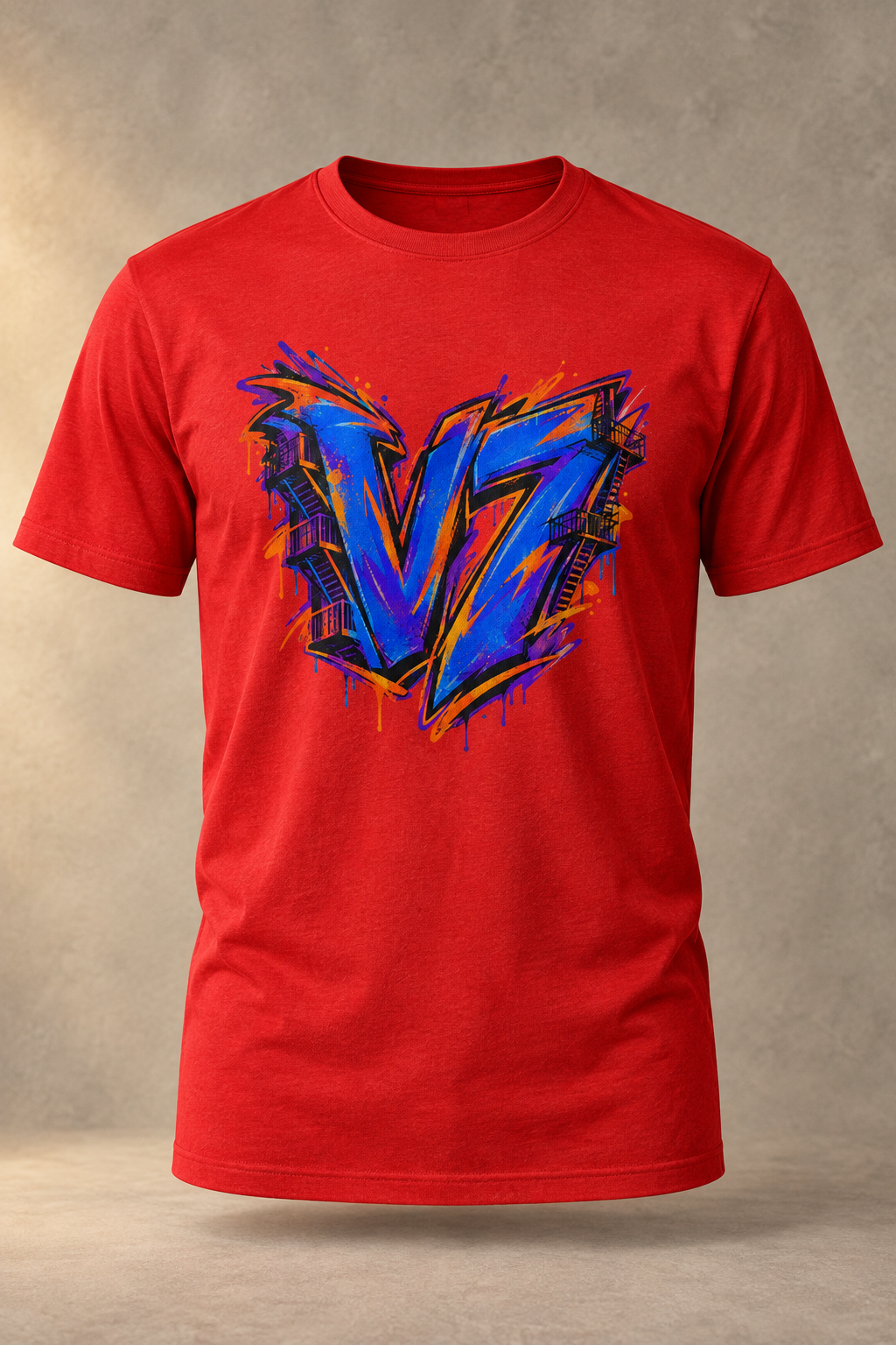 Red men's V7 City Static T-shirt with the blue, purple, and orange graffiti artwork on a warm studio background