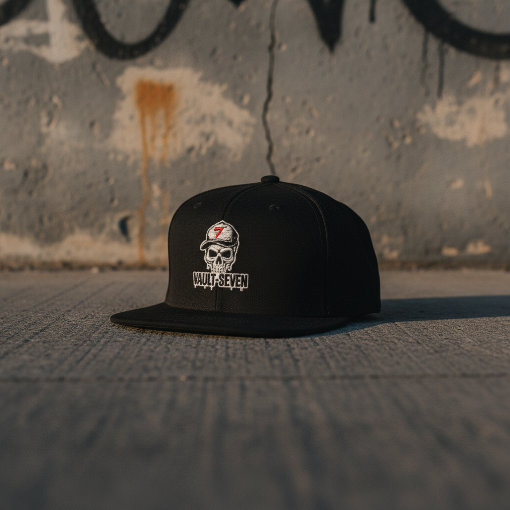 Vault-Seven black flatbill snapback on a gritty West Coast streetwear background