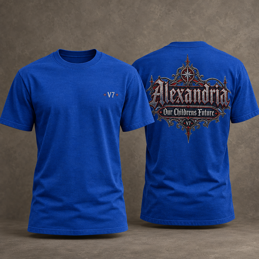 Realistic royal blue V7 Alexandria T-shirt front and back on a warm gray studio background