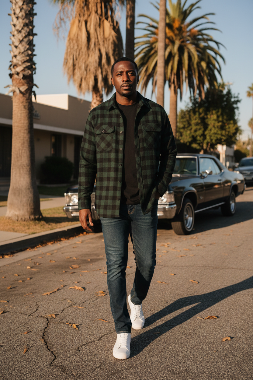 Black man wearing a dark green plaid long sleeve flannel shirt beside a classic lowrider on a West Coast fall street