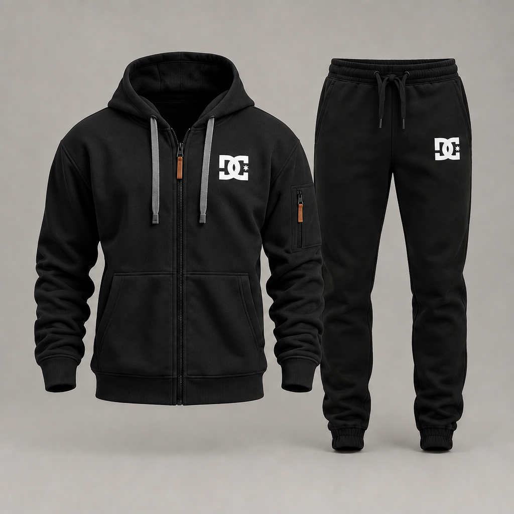 Black DC zip hoodie with black joggers on a gray studio background
