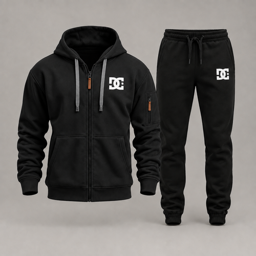 Black DC zip hoodie with black joggers on a gray studio background