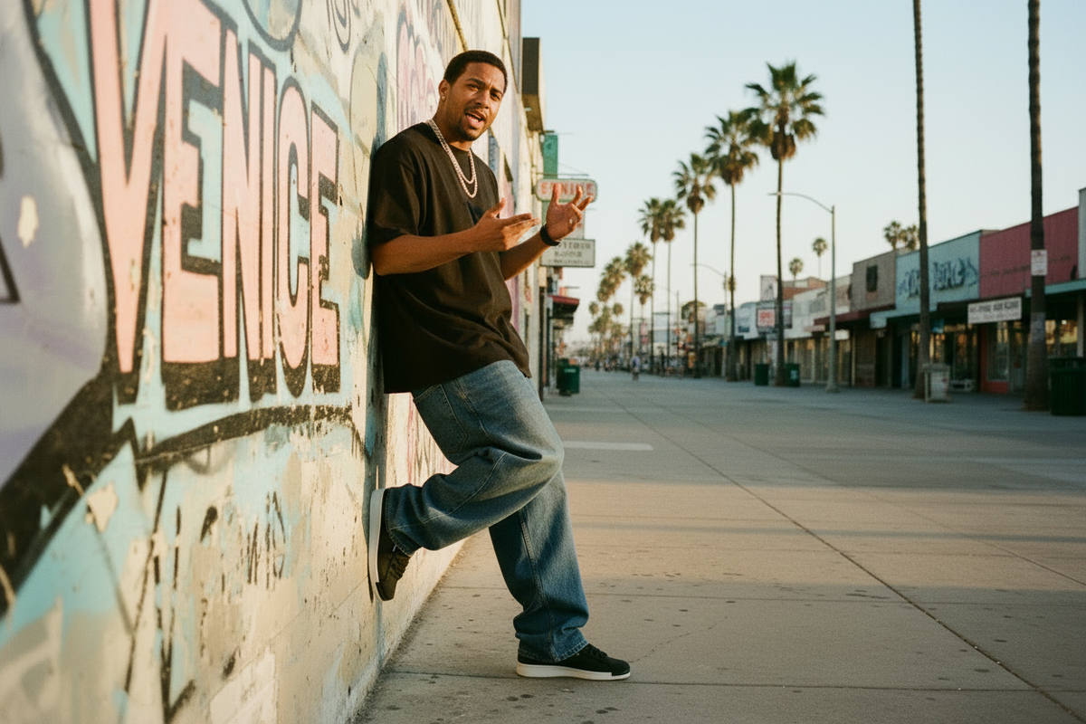 Rapper in baggy jeans and chains leaning against a Venice boardwalk mural wearing black low-top skate sneakers