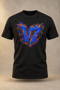 Black men's V7 City Static T-shirt with the blue, purple, and orange graffiti artwork on a warm studio background