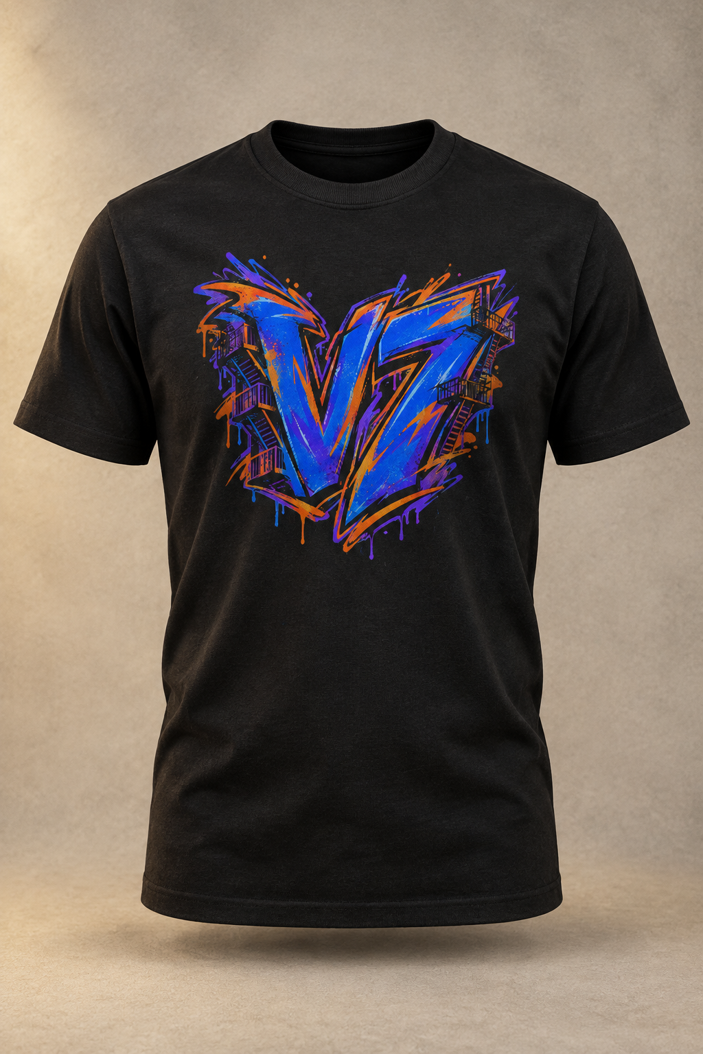 Black men's V7 City Static T-shirt with the blue, purple, and orange graffiti artwork on a warm studio background