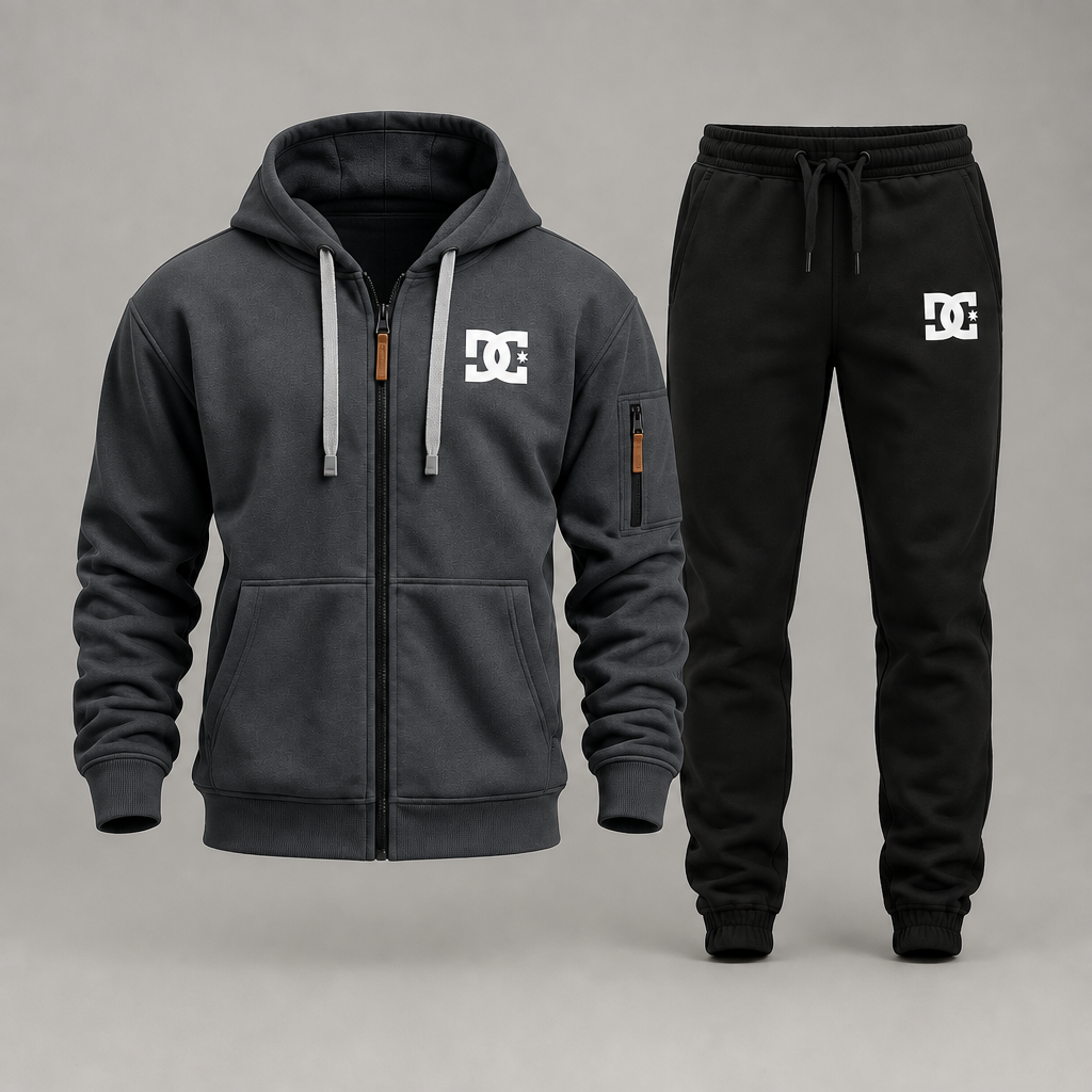 Charcoal DC zip hoodie with black joggers on a gray studio background