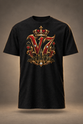 Black V7 Empire short-sleeve tee with gold-and-red NYC crest on a warm neutral studio background
