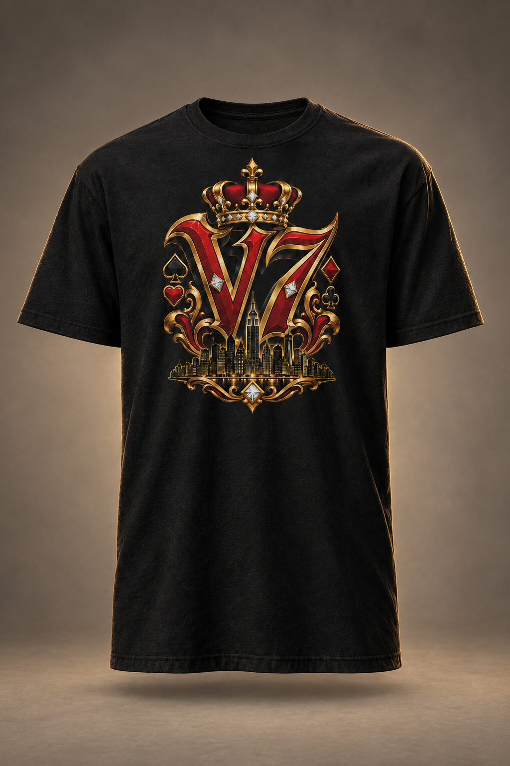 Black V7 Empire short-sleeve tee with gold-and-red NYC crest on a warm neutral studio background
