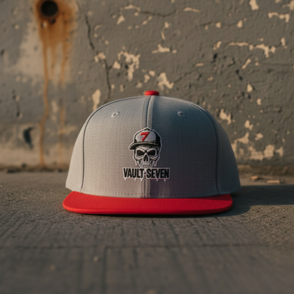 Front view of heather gray and red Vault-Seven Street Issue Flatbill