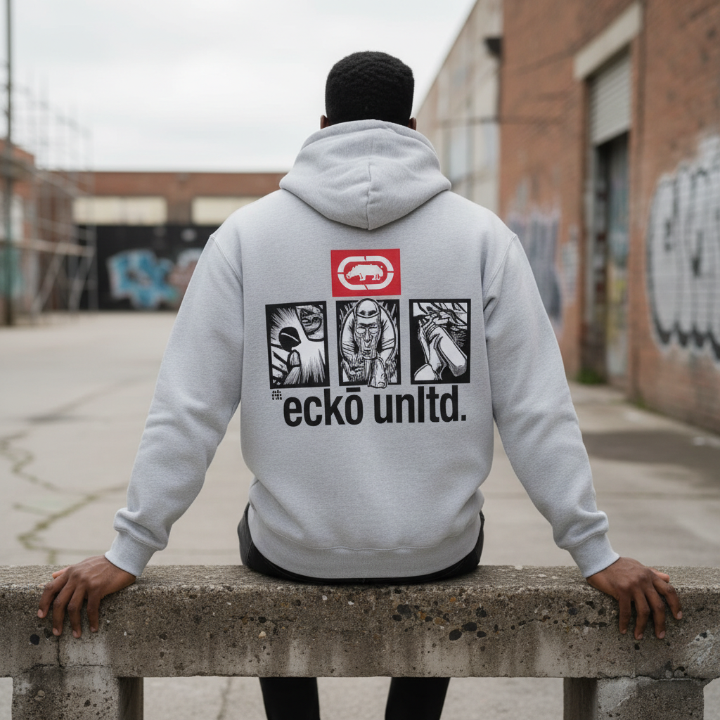 Male model seated in the light gray Men's Unltd. Graffiti Hoodie with the back graphic visible